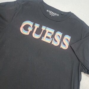 Guess Eco T-Shirt Black Rainbow Wave Graphic Logo Mens Large